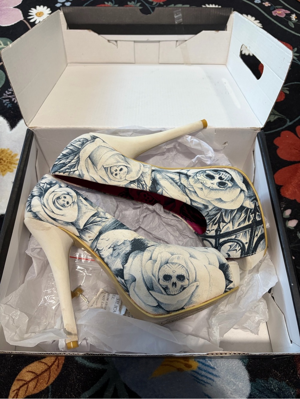 Iron Fist Cream and Blue Floral Skull Platform Heels